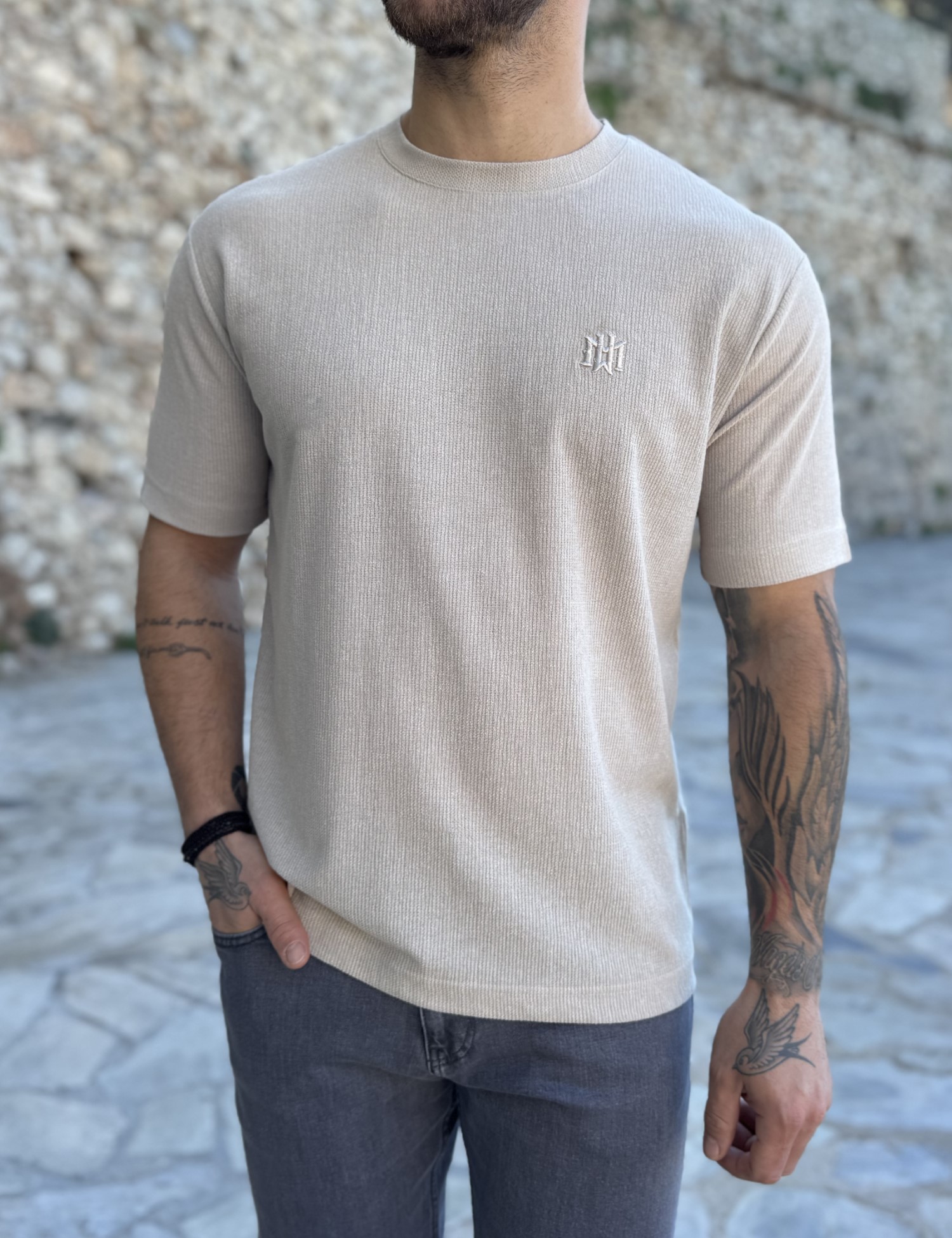 Marrakech ανδρική μπεζ κοντομάνικη μπλούζα με ριπ ύφανση TST2727B